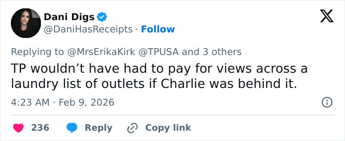 Tweet by Dani Digs replying to Erika Kirk about Turning Point USA&rsquo;s alternate halftime show controversy.