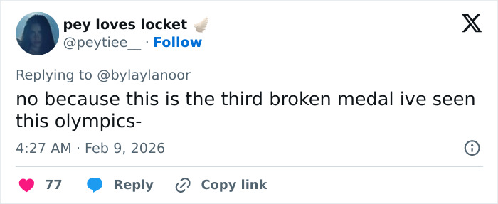 Tweet discussing a US figure skater&rsquo;s broken gold medal during Olympics celebration shared on social media platform.