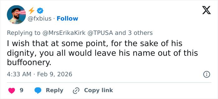 Tweet from user @fxbius replying to Erika Kirk and TPUSA, commenting on dignity and name usage in a Turning Point USA controversy.