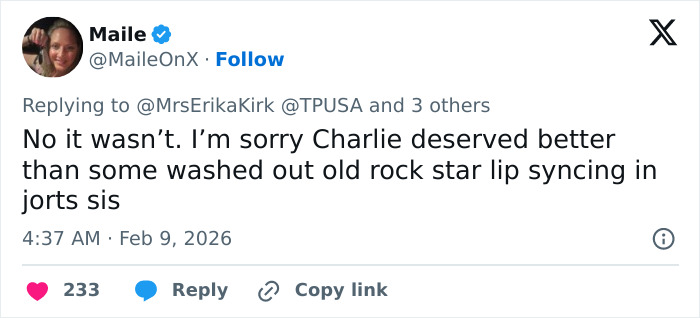 Tweet reply criticizing lip syncing in Turning Point USA alternate halftime show shared after Erika Kirk spoke out.