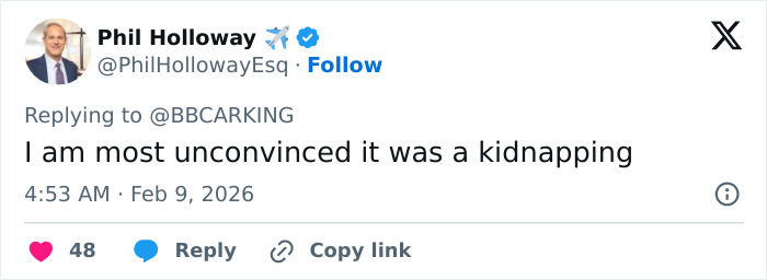Phil Holloway tweeting skepticism about Nancy Guthrie's disappearance, questioning kidnapping theory in a social media reply.