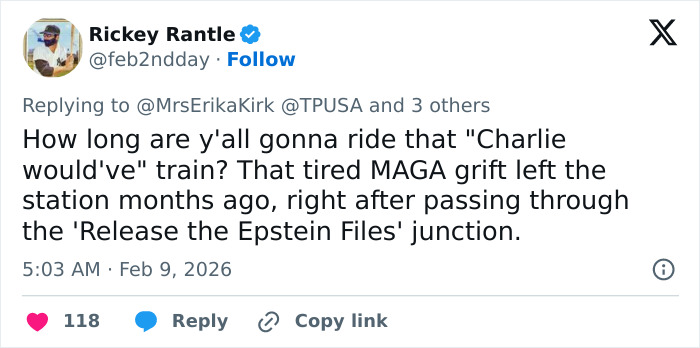 Tweet by Rickey Rantle criticizing Erika Kirk's statement on Turning Point USA's alternate halftime show controversy.