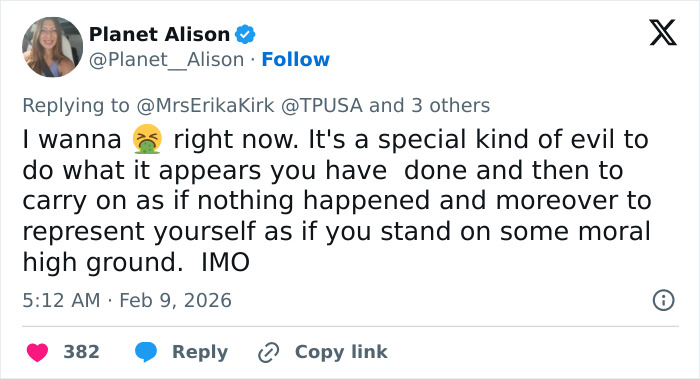 Tweet by Planet Alison criticizing Erika Kirk after speaking out on Turning Point USA's alternate halftime show.