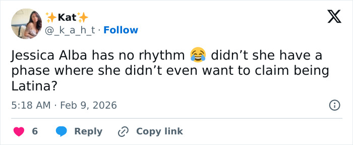 Tweet criticizing Jessica Alba’s Super Bowl halftime show dancing, mentioning rhythm and cultural identity questions.