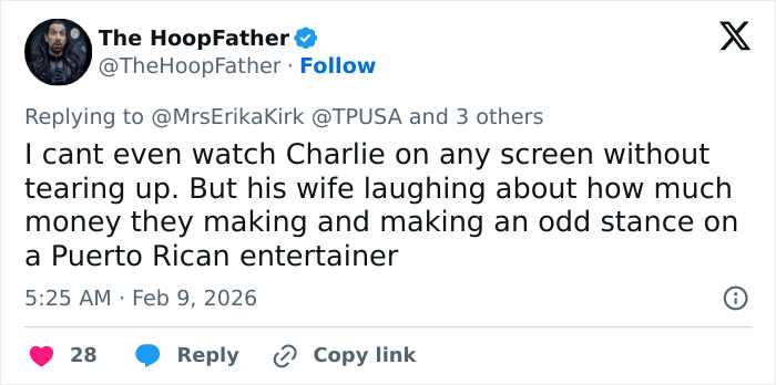 Tweet from The HoopFather responding to Erika Kirk, discussing Turning Point USA and a Puerto Rican entertainer controversy.