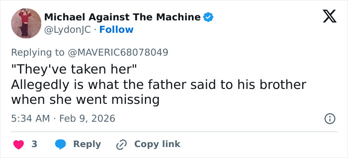 Tweet by user Michael Against The Machine discussing alleged statement by father after girl went missing, related to viral post debate. Tweet by user Michael Against The Machine discussing alleged statement by father after girl went missing, related to viral post debate.