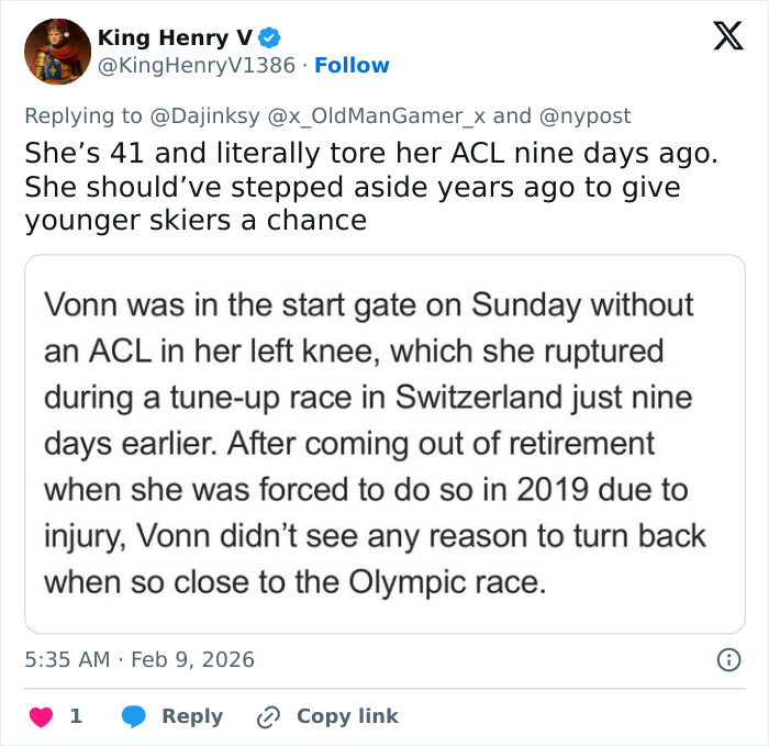 Tweet discussing Lindsey Vonn’s torn ACL and injury details linked to her ICU stay after Winter Olympics crash.