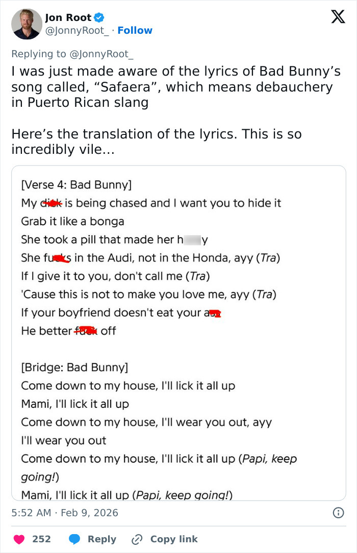 Tweet showing a translation of Bad Bunny&rsquo;s explicit lyrics sparking a heated debate among Super Bowl fans.