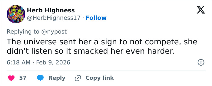 Tweet by Herb Highness commenting on Olympian Lindsey Vonn after horrific crash with possible leg injury update.