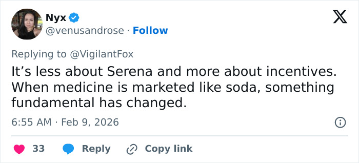 Screenshot of a Twitter reply criticizing Serena Williams regarding her controversial weight loss transformation and Super Bowl ad.