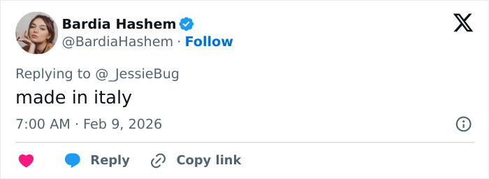 Tweet from Bardia Hashem replying with "made in italy," related to TEMU investigation after Olympians reveal medals broke.