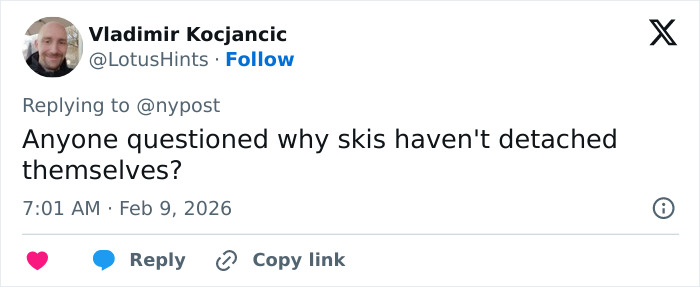 Twitter post by Vladimir Kocjancic questioning why skis haven't detached after Olympian Lindsey Vonn's crash update.
