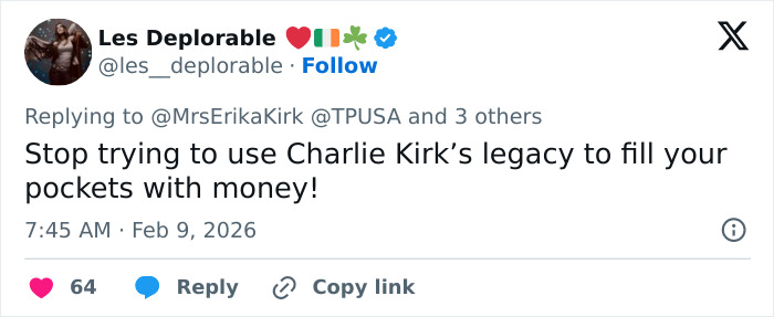 Tweet from Les Deplorable criticizing Erika Kirk for speaking out on Turning Point USA's alternate halftime show.