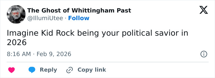 Tweet about Kid Rock imagining him as a political savior in 2026 following alternative halftime show backlash.