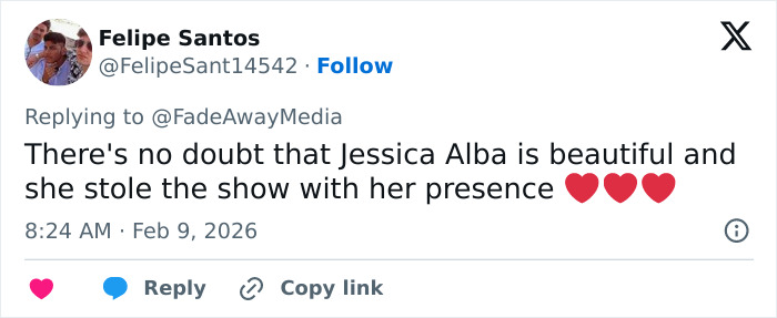 Social media comment praising Jessica Alba amid fans blasting her Super Bowl halftime show dancing.