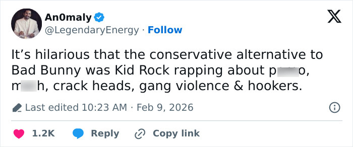 Tweet discussing heated debate after Super Bowl fans translate Bad Bunny's explicit lyrics, comparing to Kid Rock's content.