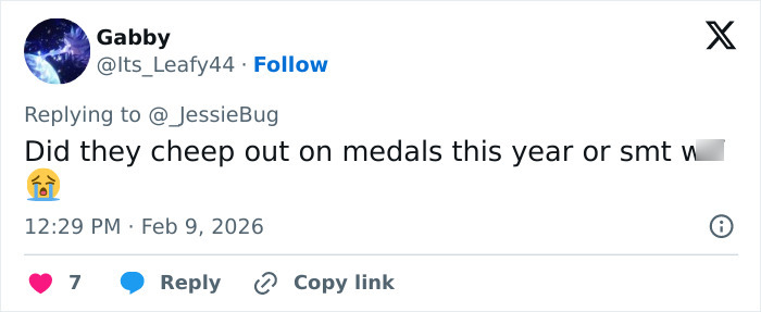 Tweet from user Gabby questioning if medals ordered from TEMU were cheaply made after multiple Olympians revealed their medals broke.