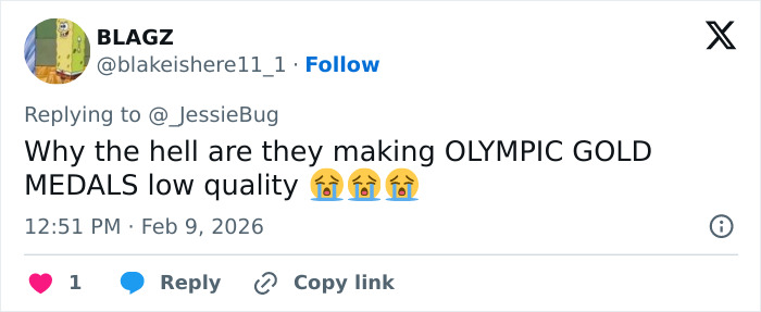 Tweet expressing frustration over low quality Olympic gold medals, linked to investigation after Olympians reveal broken medals.