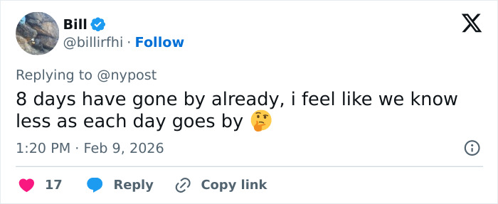 Tweet by user Bill expressing confusion about Nancy Guthrie's disappearance eight days after the event with a thinking face emoji.