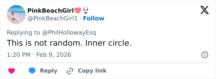 Tweet from PinkBeachGirl about Nancy Guthrie's disappearance, highlighting new FBI official information revealed.