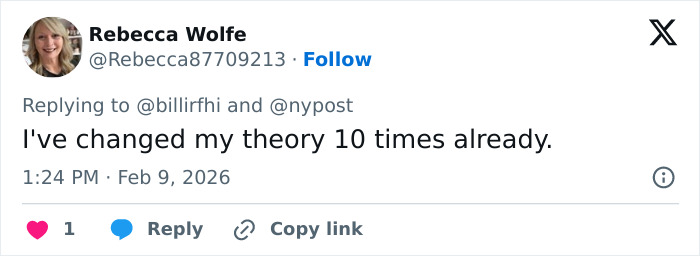 Screenshot of a tweet discussing changing theories about Nancy Guthrie's disappearance with mention of FBI official insights.
