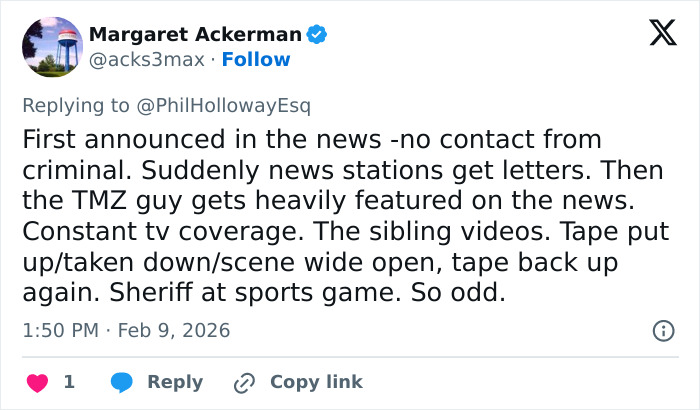 Tweet by Margaret Ackerman discussing news coverage and odd events related to Nancy Guthrie's disappearance and FBI involvement.