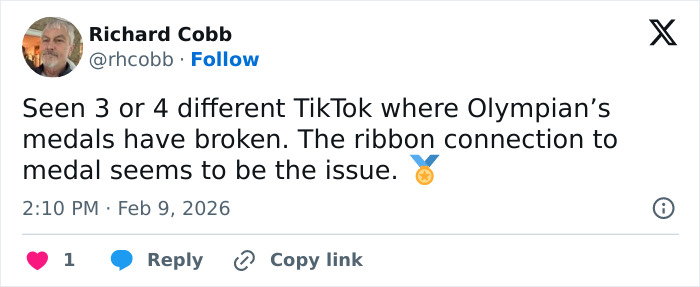 Tweet from Richard Cobb discussing multiple Olympians' medals breaking at the ribbon connection, raising investigation concerns.