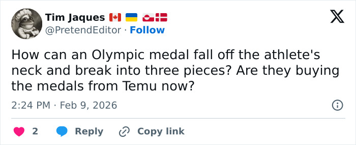 Tweet discussing Olympic medals breaking and questioning if athletes are buying medals from Temu.