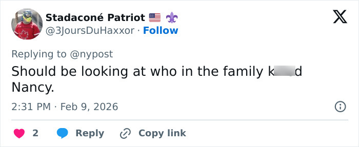 Tweet from Stadacon&eacute; Patriot questioning family involvement in Nancy Guthrie's disappearance amid FBI investigation updates.