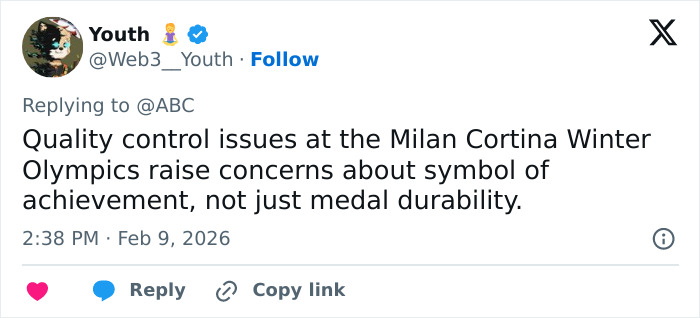 Tweet discussing quality control issues at the Milan Cortina Winter Olympics affecting medal durability and symbolism.