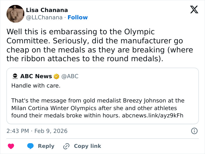 Twitter post discussing US figure skater Breezy Johnson&rsquo;s gold medal breaking during Olympic celebration.