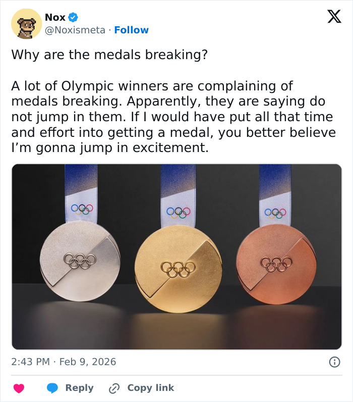 Olympic medals displayed with visible cracks, highlighting investigation after multiple Olympians reveal their medals broke.