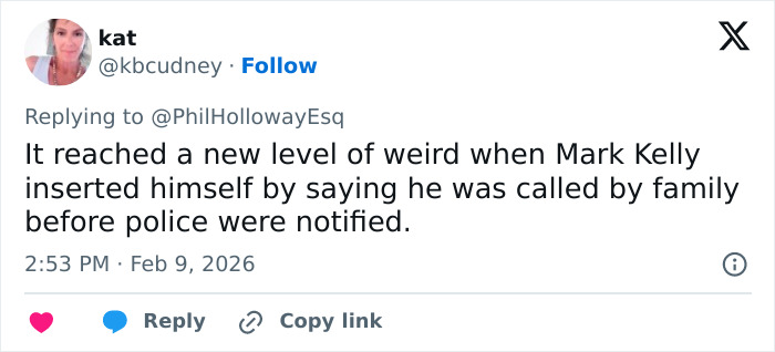 Tweet discussing new revelations about Nancy Guthrie disappearance involving family and police notification timing.