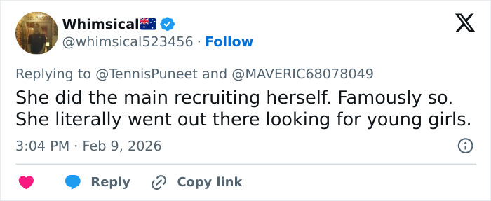Screenshot of a social media post discussing recruiting young girls, relevant to Ghislaine Maxwell and Madeleine McCann abductor sketch debate. Screenshot of a social media post discussing recruiting young girls, relevant to Ghislaine Maxwell and Madeleine McCann abductor sketch debate.