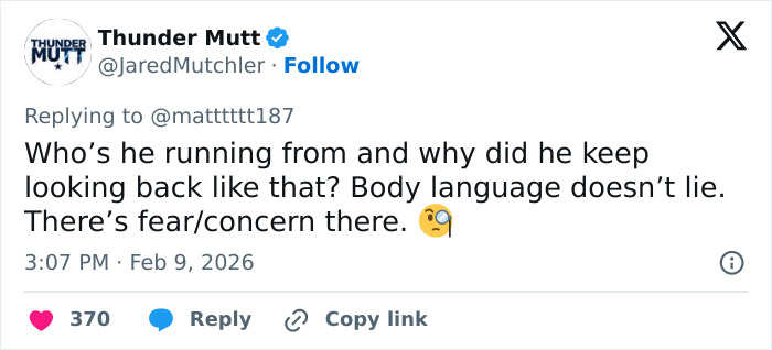 Screenshot of a tweet discussing fearful body language of Bad Bunny as he exits Super Bowl before erasing social media.