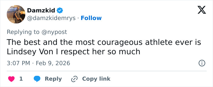 Screenshot of a tweet praising Lindsey Vonn, related to terrifying details behind her ICU stay after Winter Olympics crash.