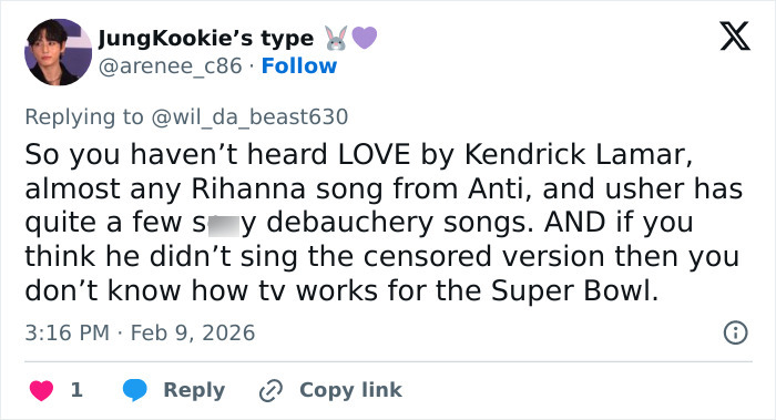 Tweet discussing Super Bowl fans translating Bad Bunny's explicit lyrics, sparking a heated debate on song censorship.