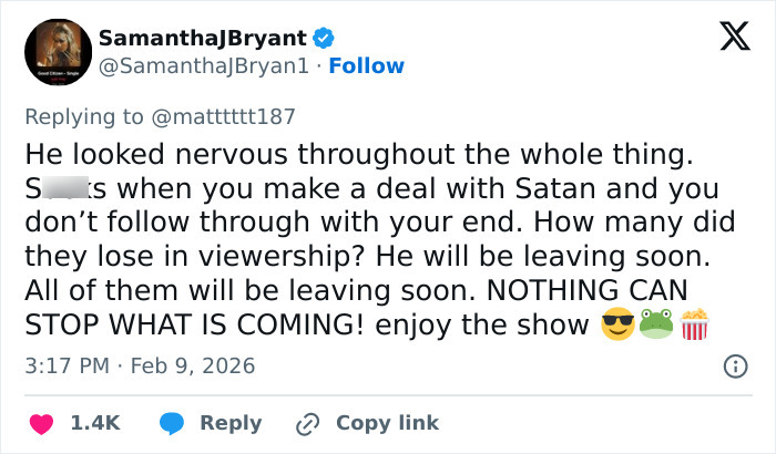 Screenshot of a Twitter reply discussing fearful Bad Bunny exiting Super Bowl and losing social media presence.