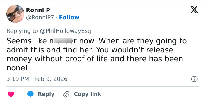 Screenshot of a tweet discussing Nancy Guthrie's disappearance, mentioning proof of life and efforts to find her.