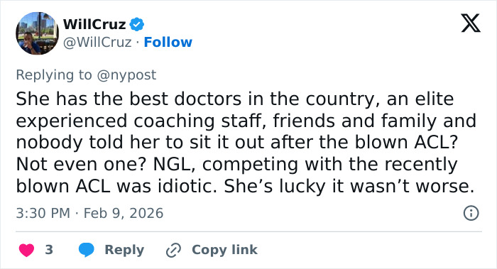 Twitter post discussing Lindsey Vonn’s ICU stay, mentioning doctors, coaching staff, and recovery after Winter Olympics crash.