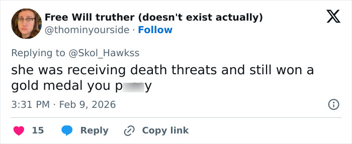 Screenshot of a tweet referencing Amber Glenn facing death threats and overcoming backlash to win a gold medal.