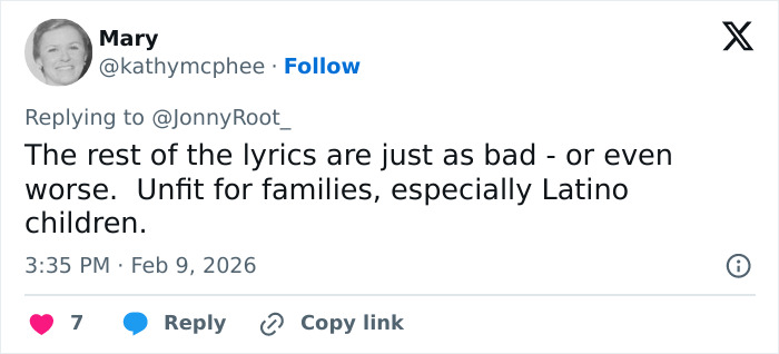 Social media user Mary criticizes explicit Bad Bunny lyrics, sparking heated debate after Super Bowl fans translate content.