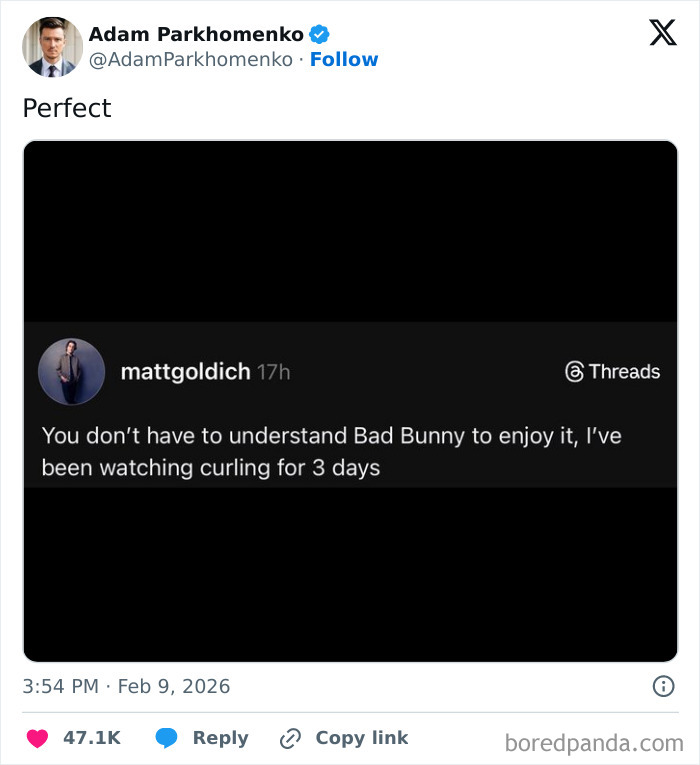 Tweet about enjoying curling without fully understanding it, part of savage and funny tweets about 2026 Winter Olympics.