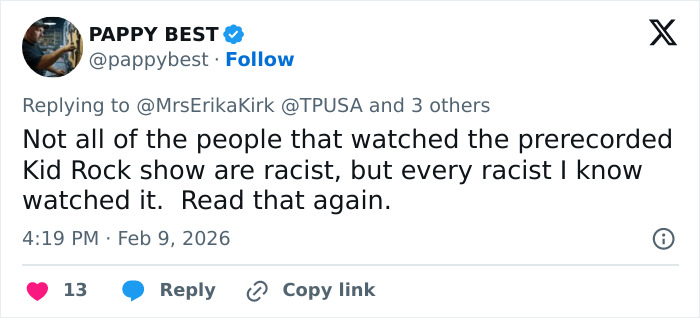 Screenshot of a tweet responding to Erika Kirk about Turning Point USA's alternate halftime show controversy.