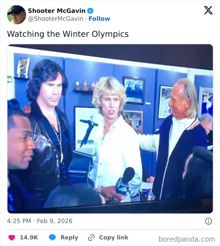 Tweet screenshot showing a comedic scene related to the 2026 Winter Olympics with actors in a humorous setting.