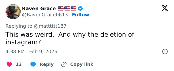 Tweet by Raven Grace questioning the deletion of Instagram related to Bad Bunny exiting Super Bowl fearfully.
