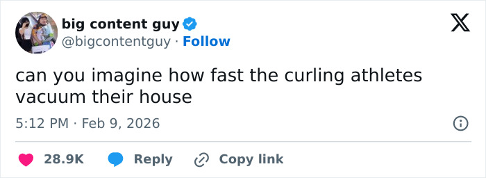 Tweet humor about curling athletes vacuuming fast, showcasing savage and funny 2026 Winter Olympics social media commentary.