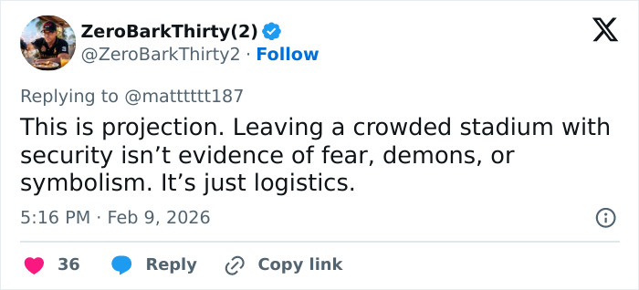 Tweet discussing logistics behind Bad Bunny exiting Super Bowl, addressing claims about fear and symbolism.