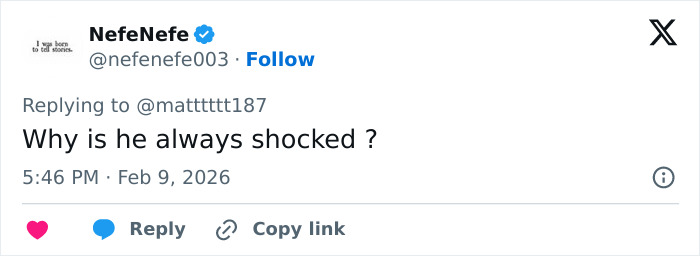 Tweet by user NefeNefe asking why Bad Bunny always looks shocked, with interaction options visible on screen.