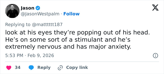 User tweet discussing Bad Bunny’s fearful behavior and anxiety after Super Bowl exit and social media erasure.